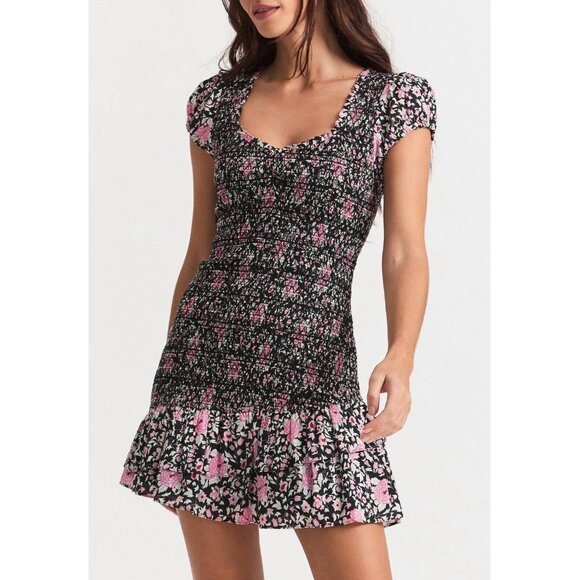 New LoveShackFancy Trevor Cotton Smock Floral Mini Dress Pink Black Large $345 - Picture 1 of 8